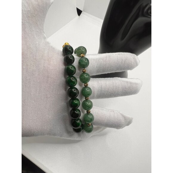 Green Jade Glass Beaded Bracelets With Gold Pi Xiu Charms 6.5" & 7" Sizes Stretc - Picture 7 of 7